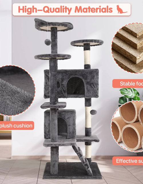 Load image into Gallery viewer, 54-In Double Condo Cat Tree Tower Playhouse with Scratching Post &amp; Perch for Indoor, Ashy
